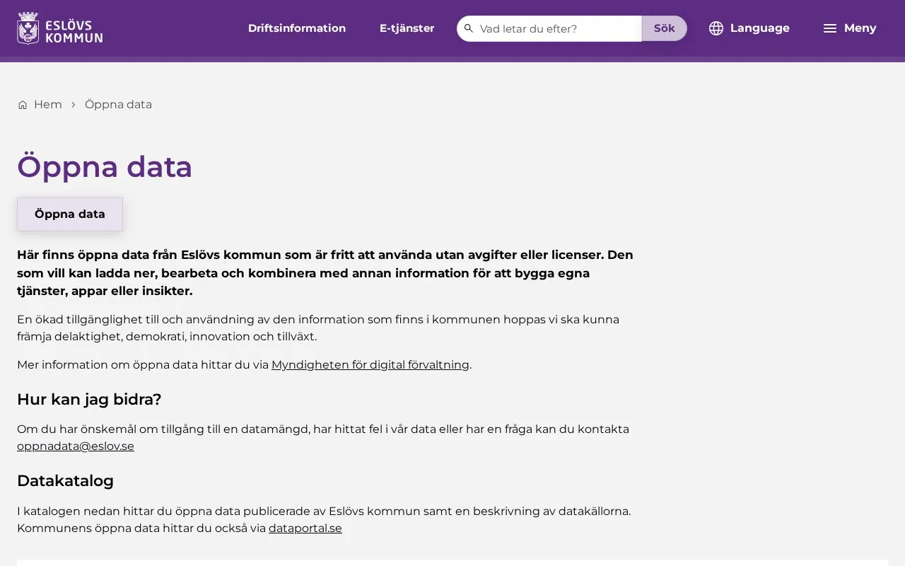 Eslöv Municipality open data homepage screenshot