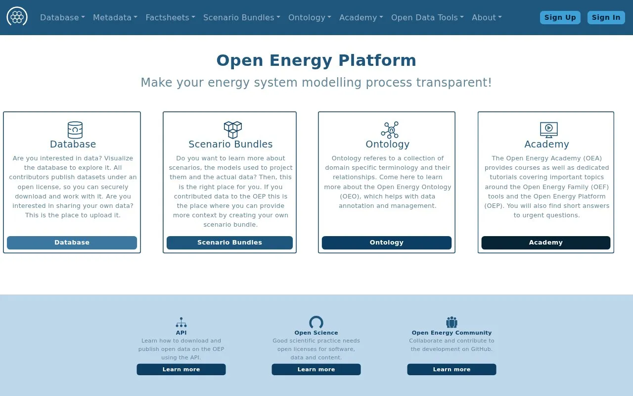 Open Energy Platform homepage screenshot