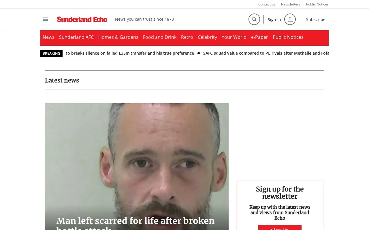 Sunderland Echo homepage screenshot