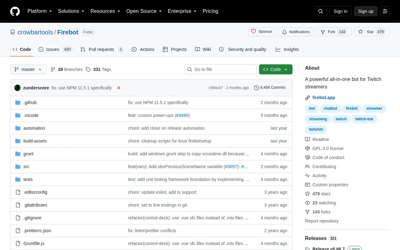 Firebot homepage screenshot