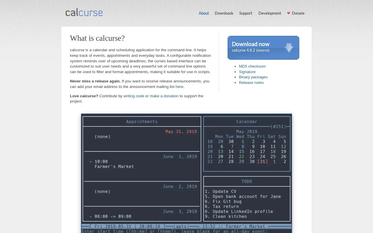 calcurse homepage screenshot