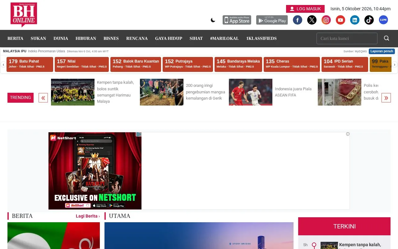 Berita Harian homepage screenshot