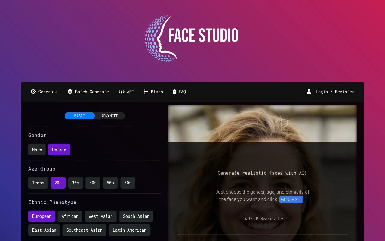 Face Studio homepage screenshot