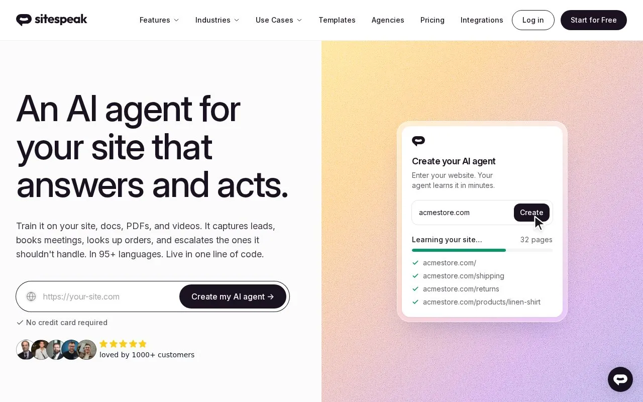 SiteSpeakAI homepage screenshot