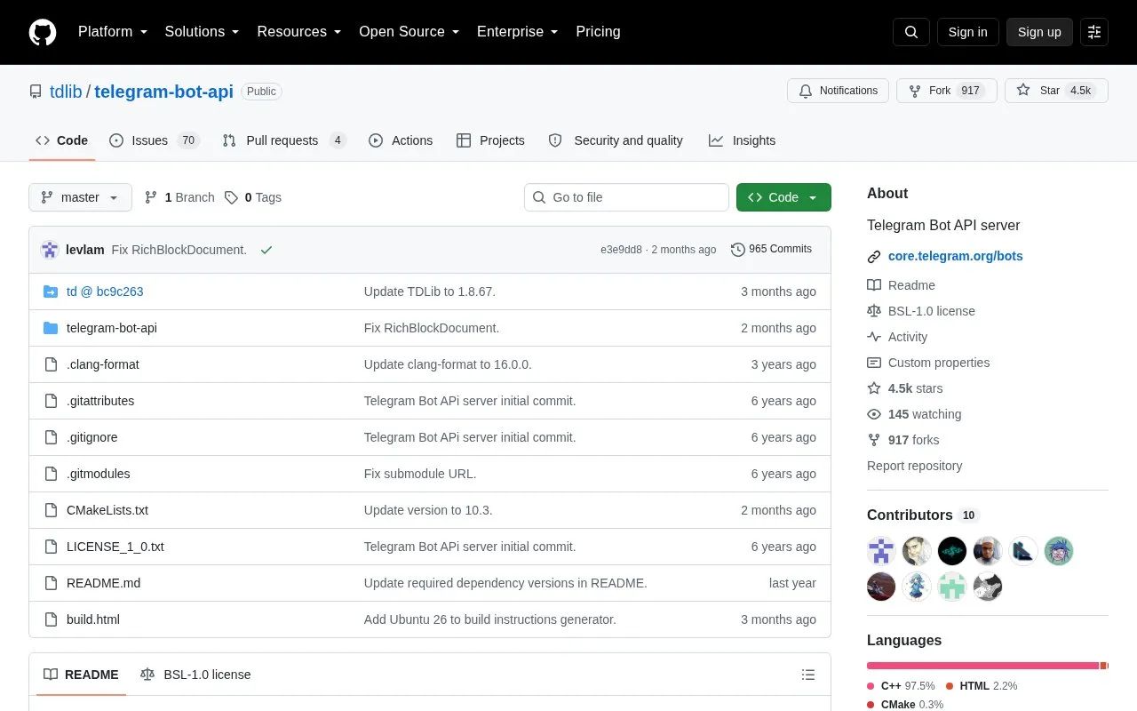 Telegram Bot API homepage screenshot