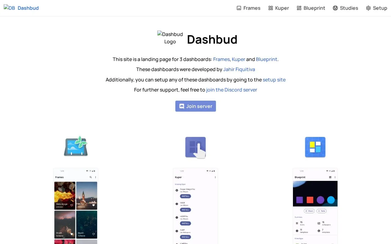 Dashbud homepage screenshot