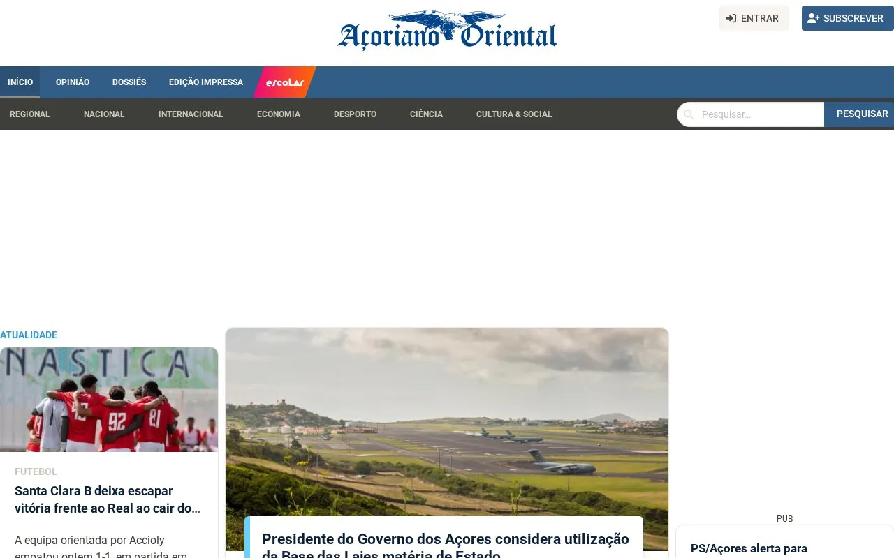 Açoriano Oriental homepage screenshot