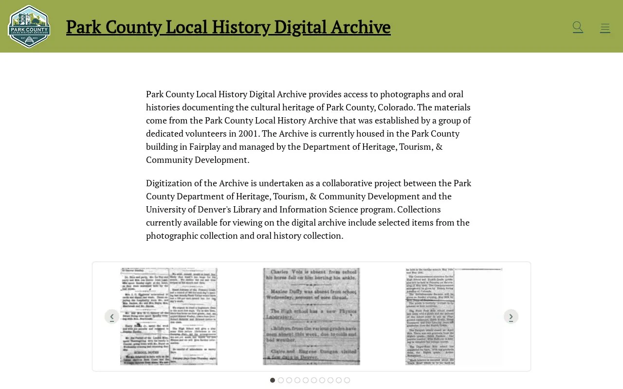 Park County Local History Archive homepage screenshot