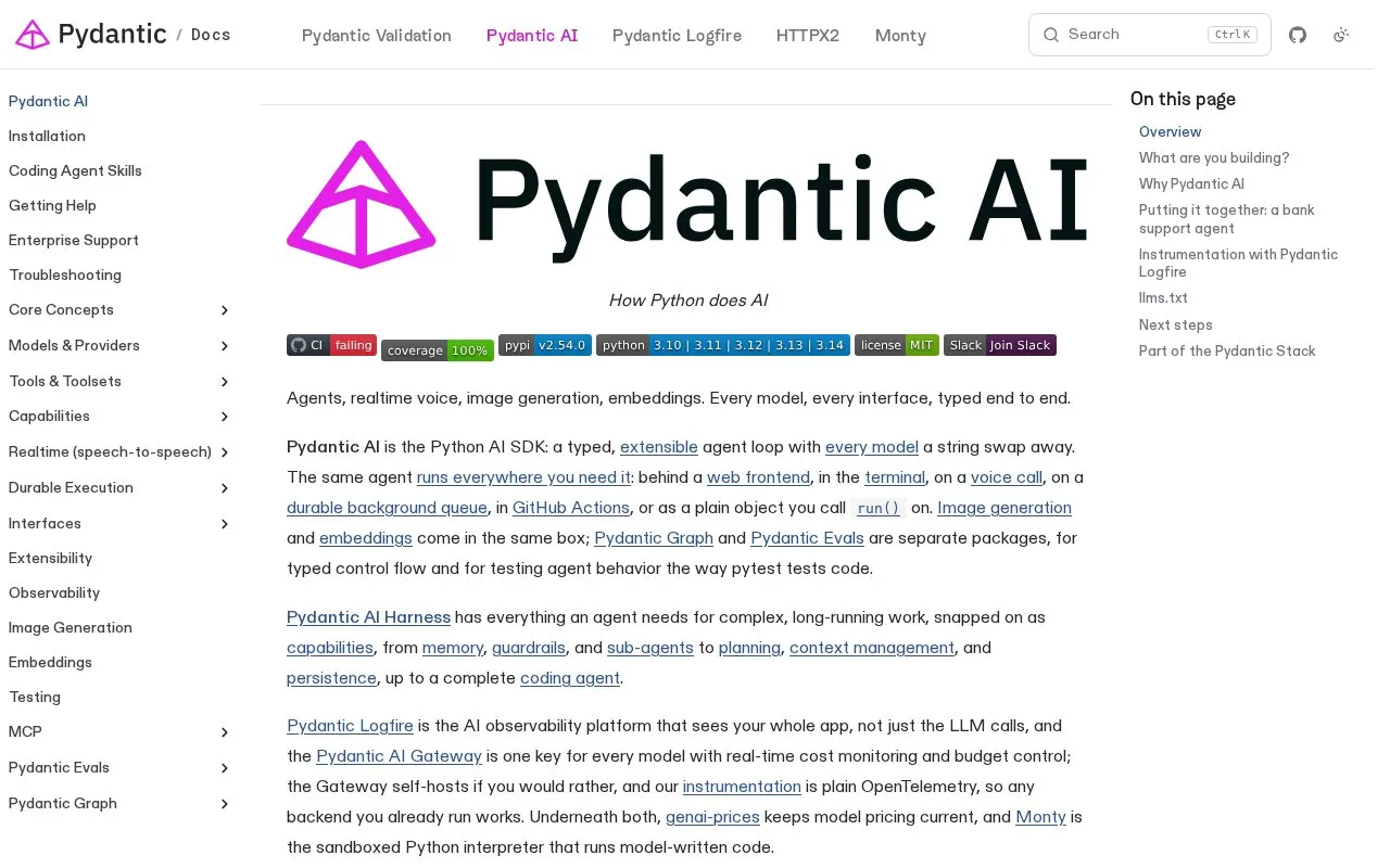 Pydantic AI homepage screenshot