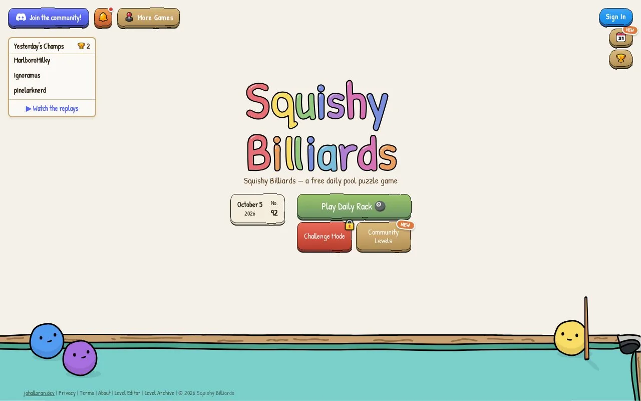 Squishy Billiards homepage screenshot