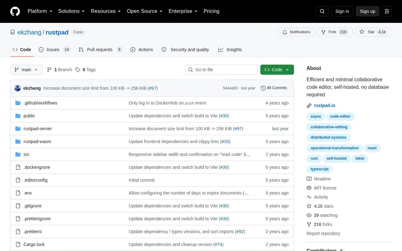 Rustpad homepage screenshot