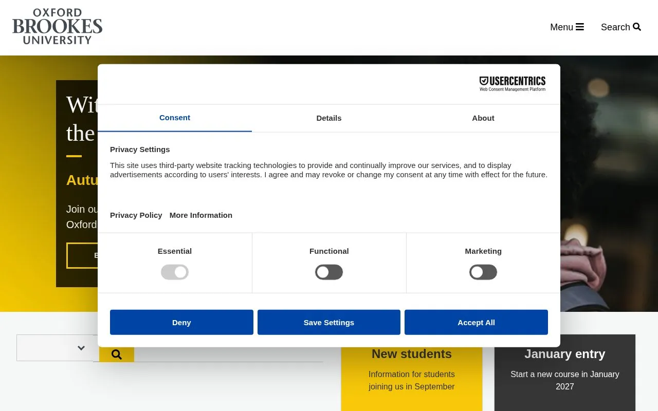 Oxford Brookes University homepage screenshot