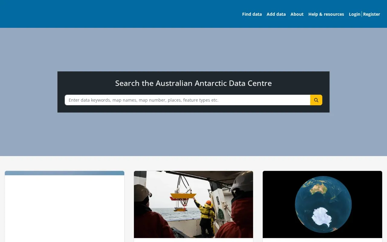 Australian Antarctic Data Centre homepage screenshot