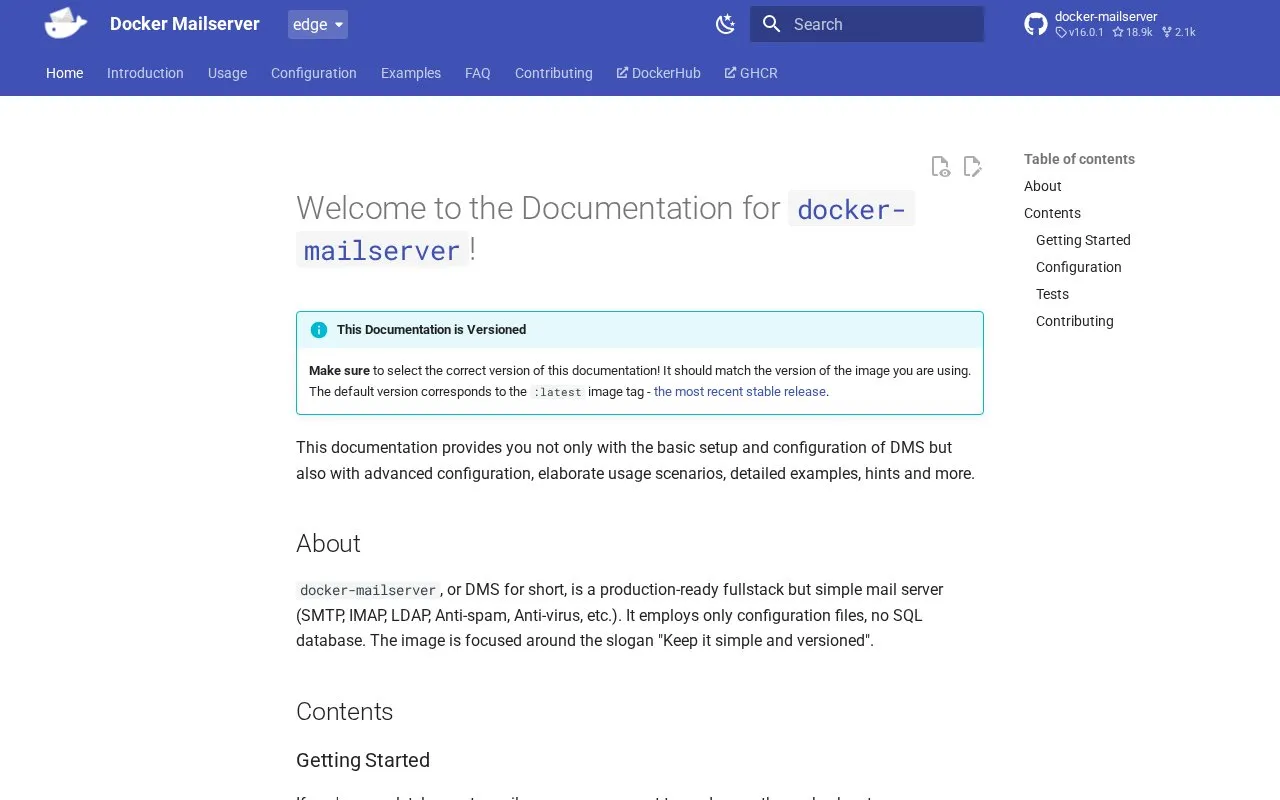 Docker Mailserver homepage screenshot