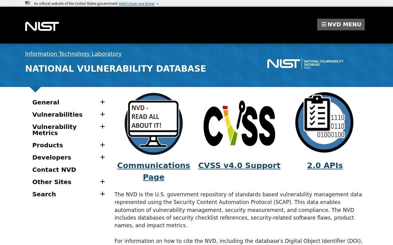 NVD homepage screenshot