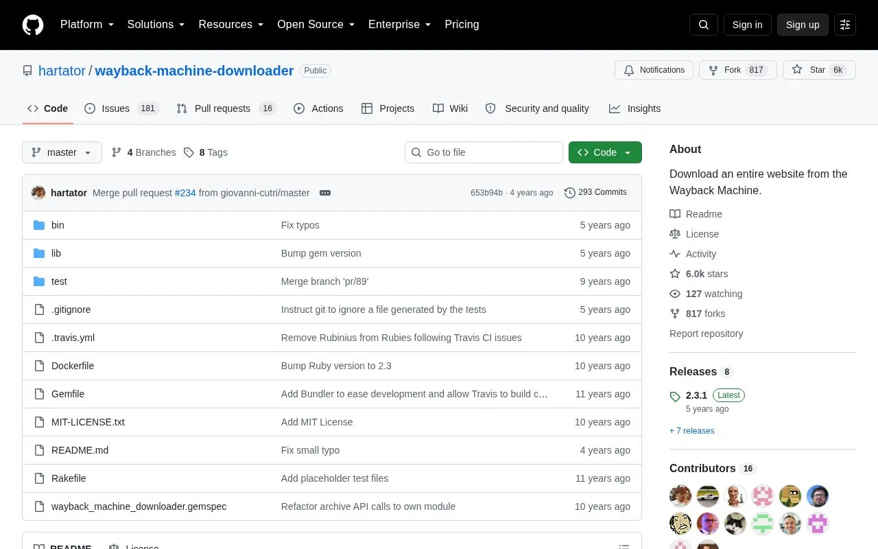 wayback-machine-downloader homepage screenshot