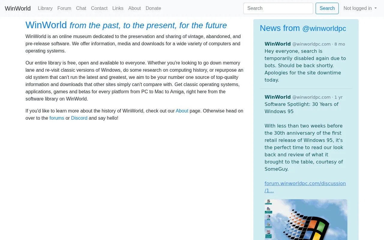 WinWorldPC homepage screenshot