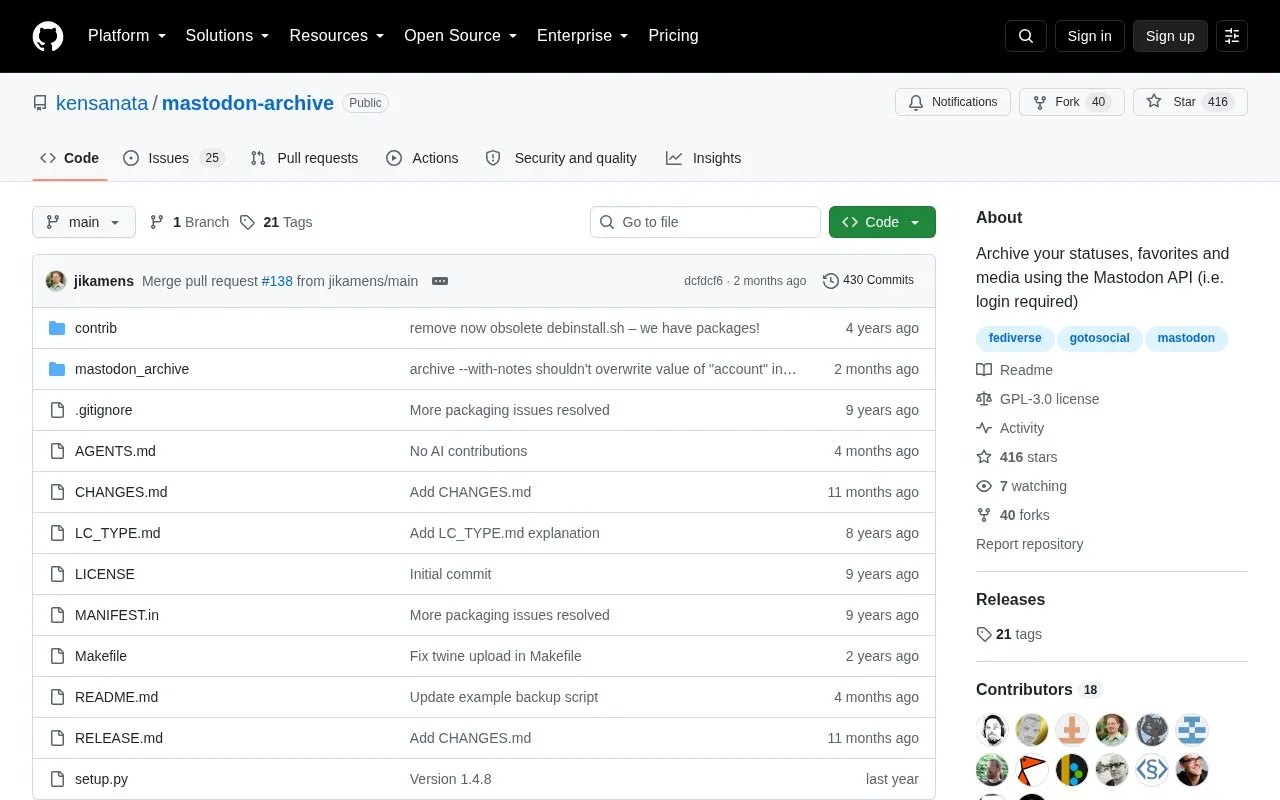 mastodon-archive homepage screenshot