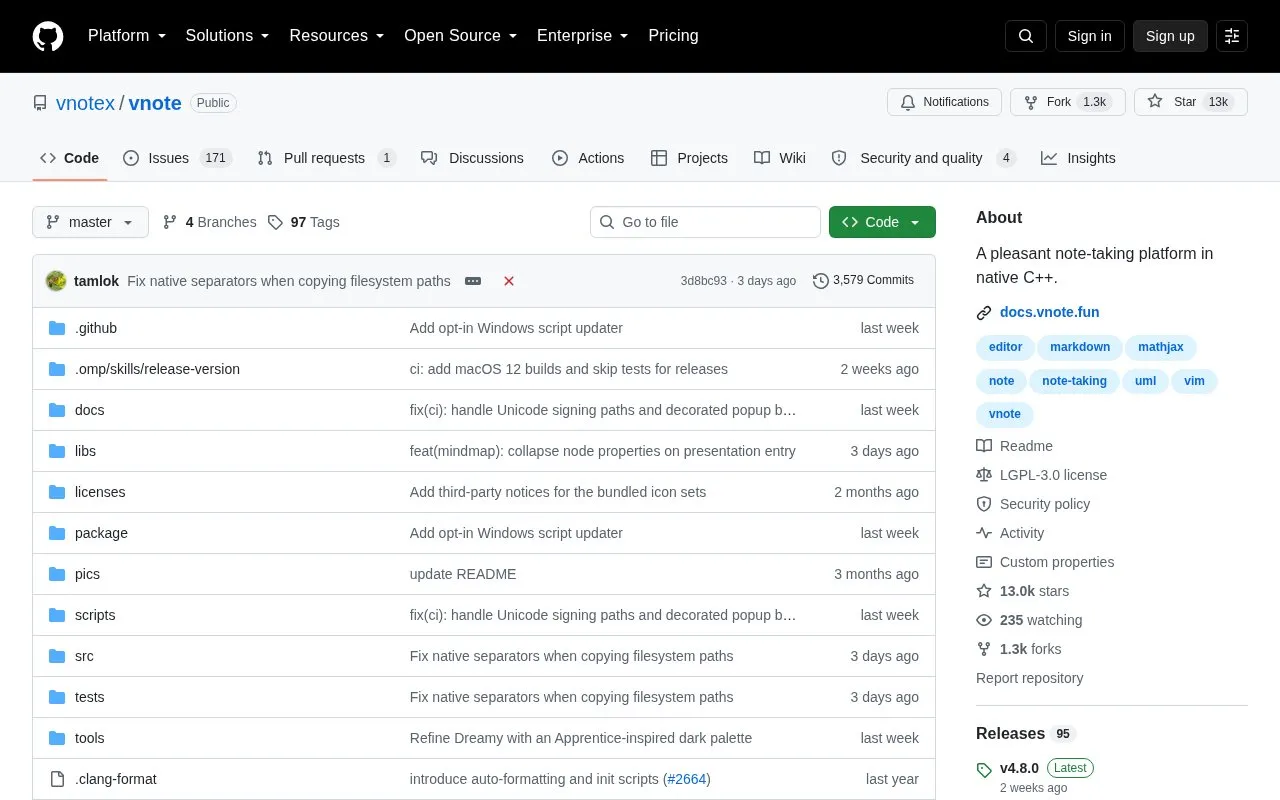 Vnote homepage screenshot