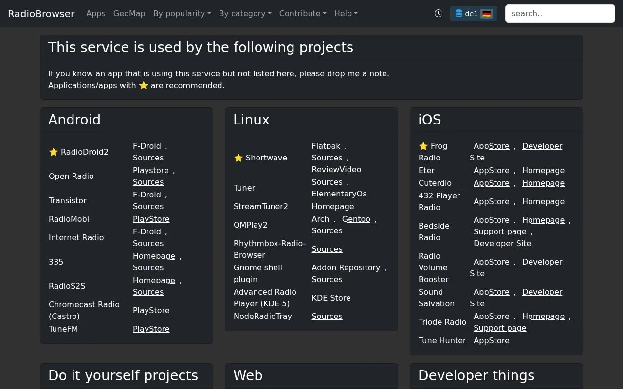 Radio Browser homepage screenshot