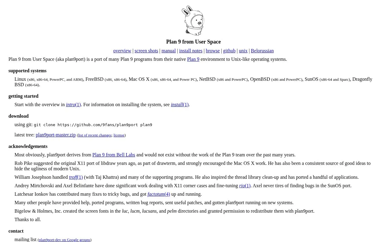 Plan9Port homepage screenshot