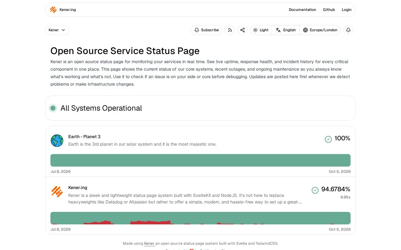 Kener homepage screenshot
