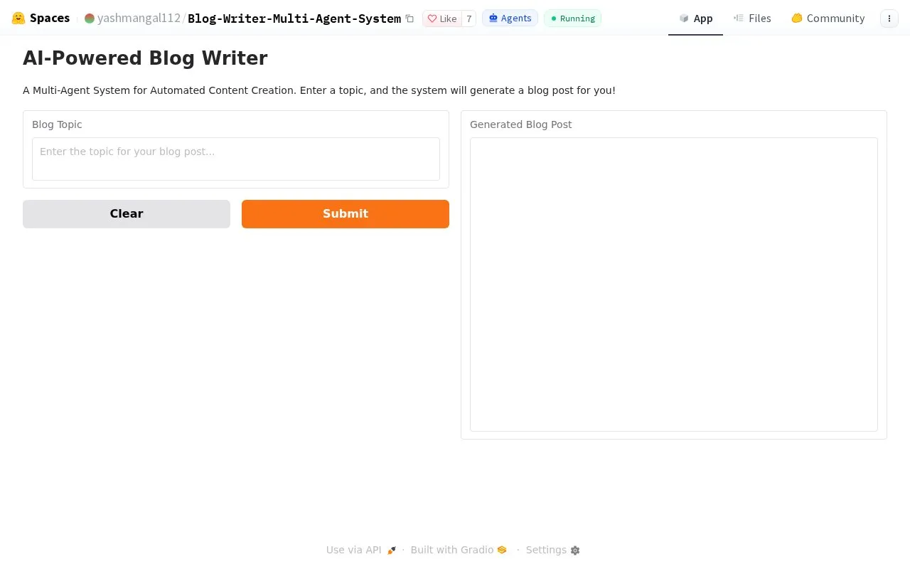 Blog Writer Multi Agent System homepage screenshot