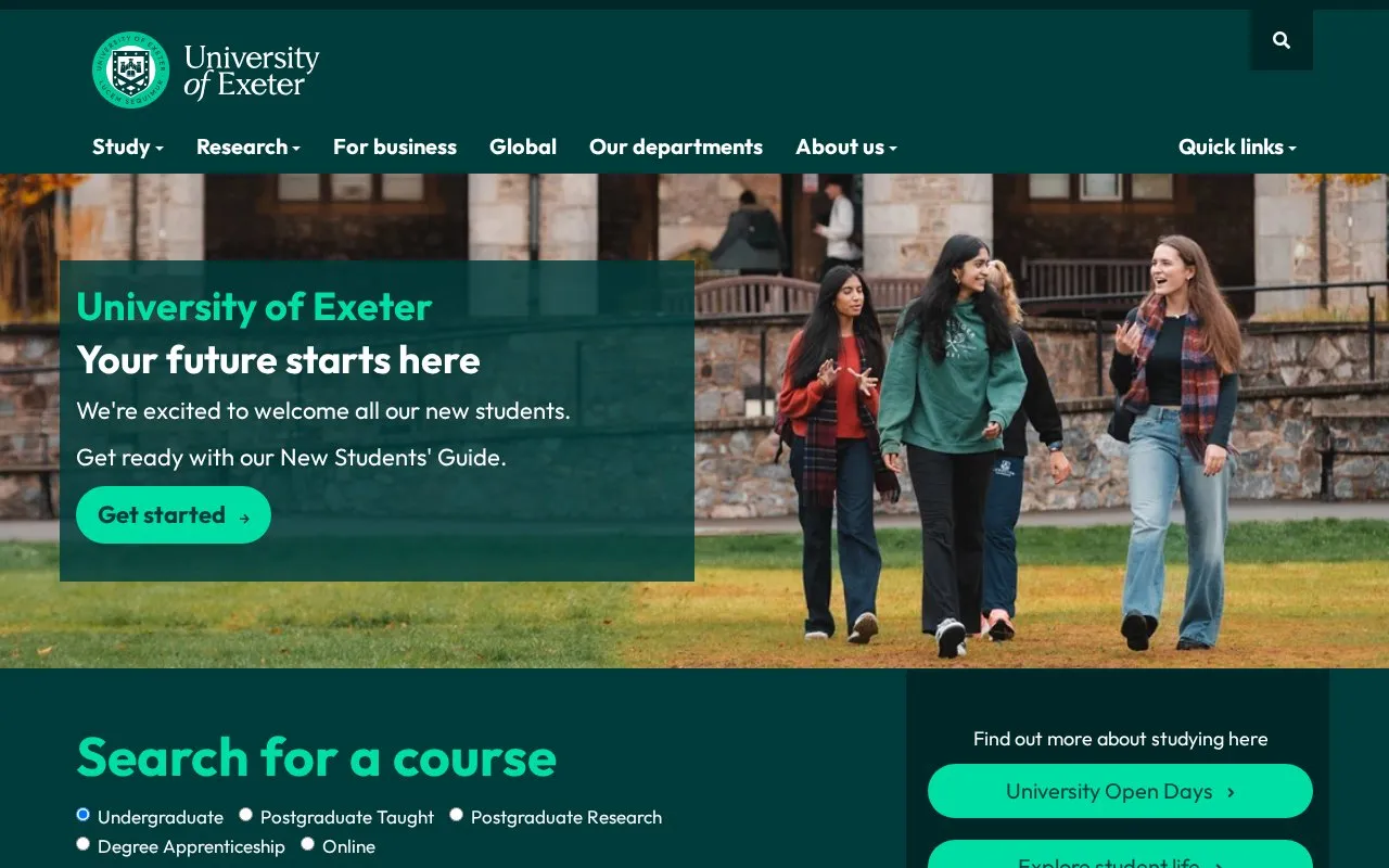 University of Exeter homepage screenshot