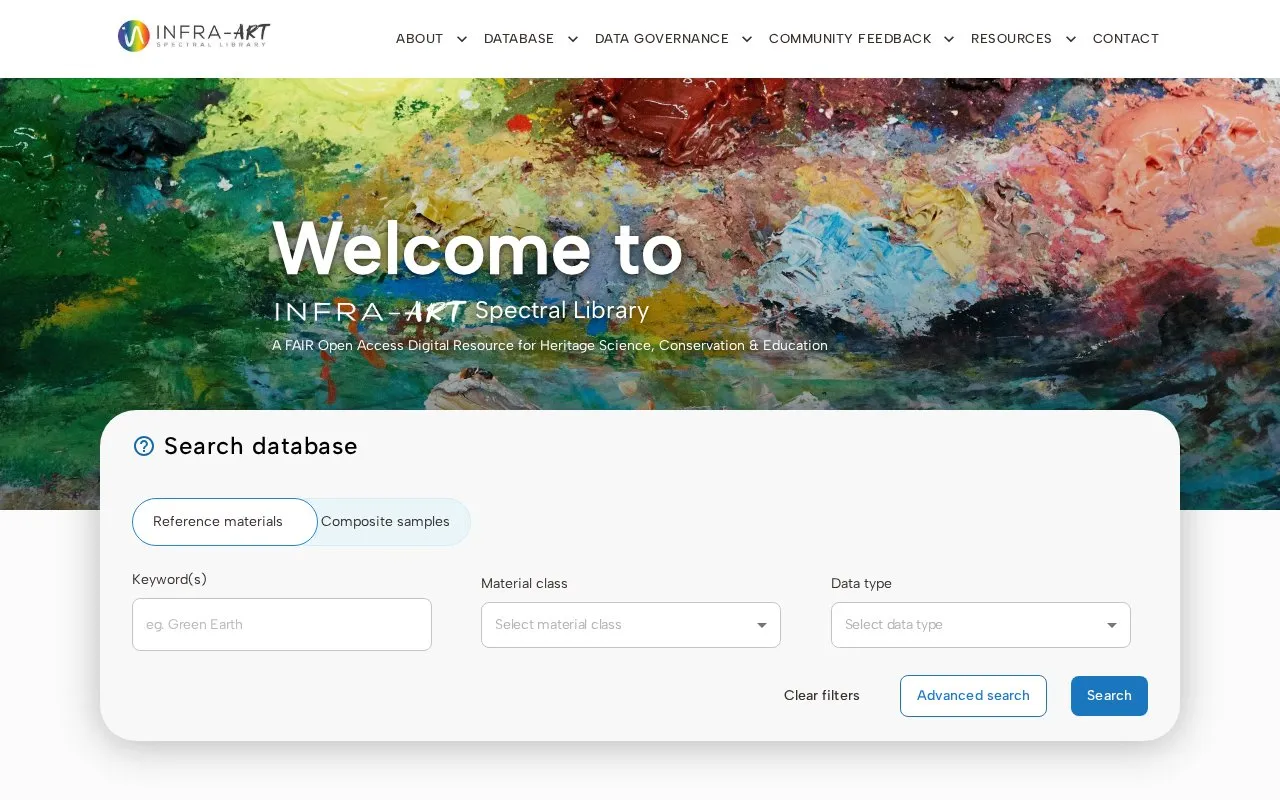 INFRA-ART Spectral Library homepage screenshot