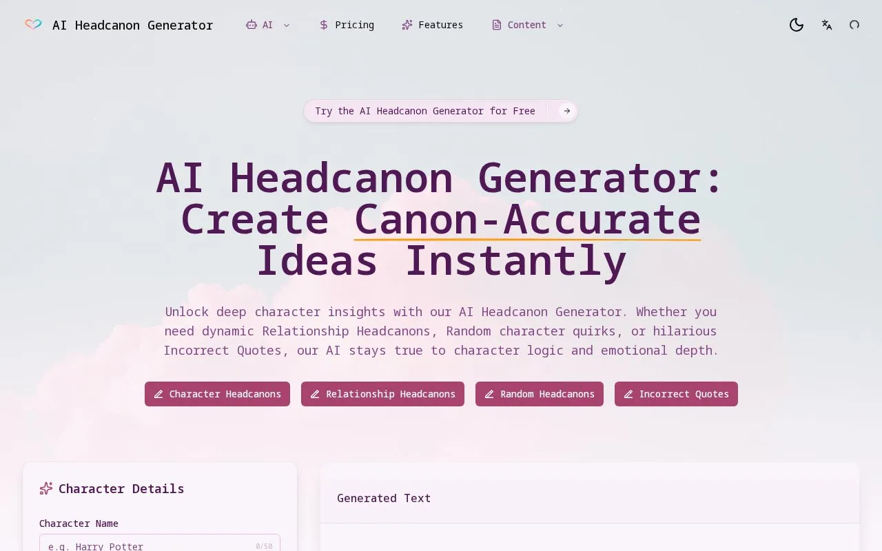 AI Headcanon Generator homepage screenshot