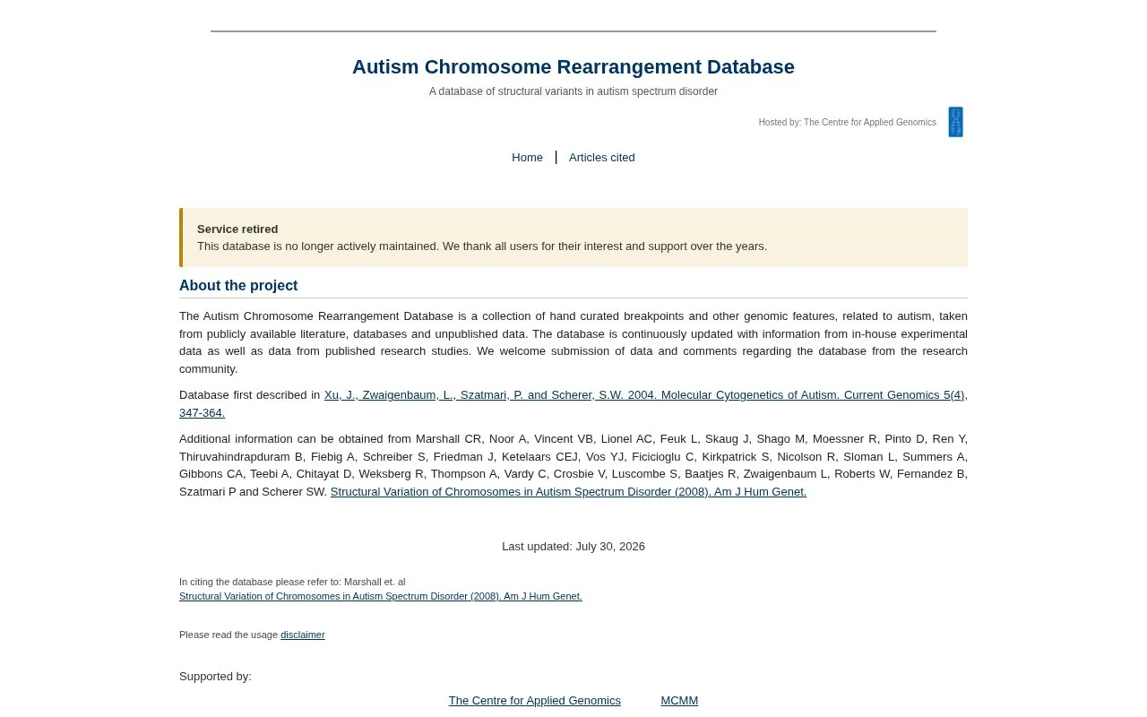 Autism Chromosome Rearrangement Database homepage screenshot