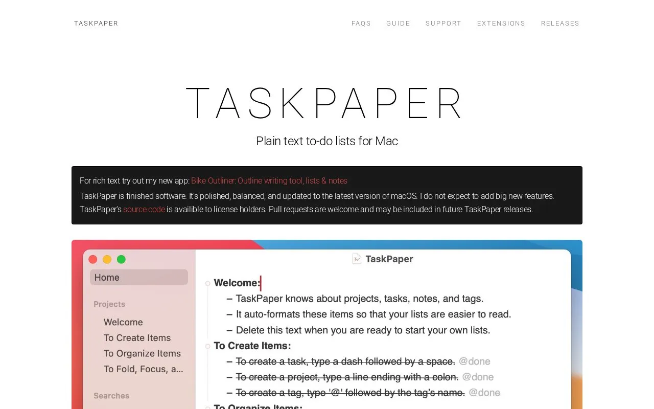 Taskpaper homepage screenshot