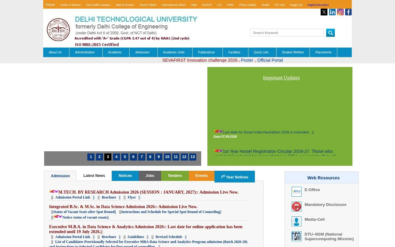 Delhi Technological University homepage screenshot
