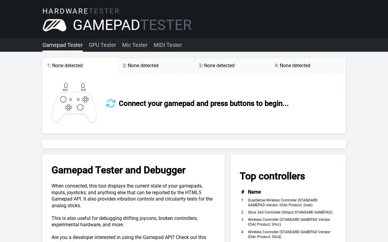 Gamepad-Tester homepage screenshot