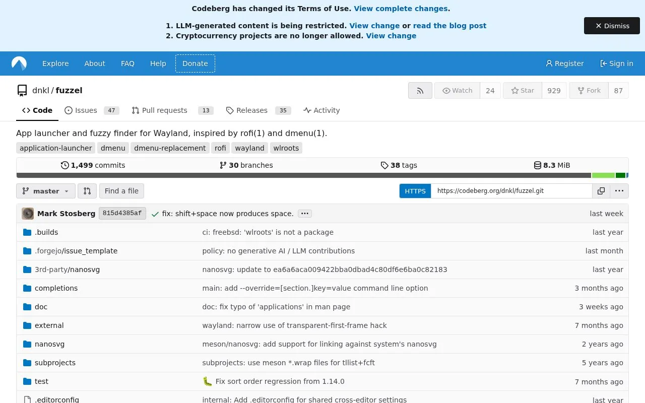 Fuzzel homepage screenshot
