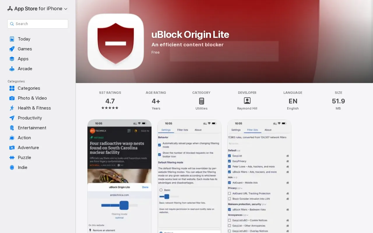 uBO Lite Safari homepage screenshot