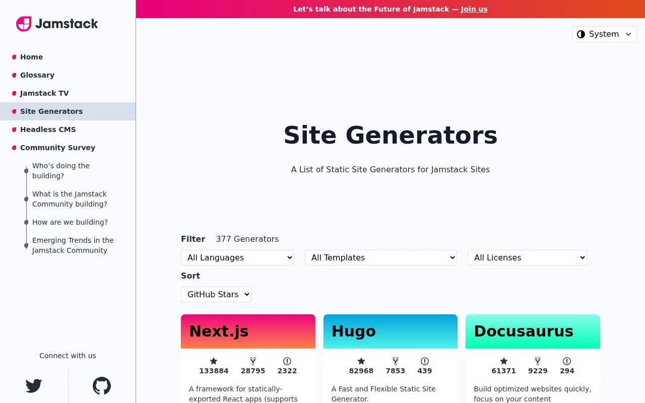 Jamstack Generators homepage screenshot