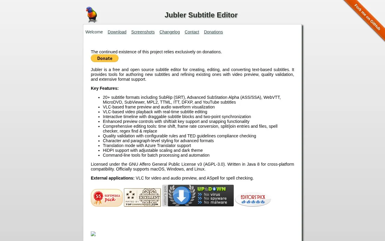 Jubler homepage screenshot