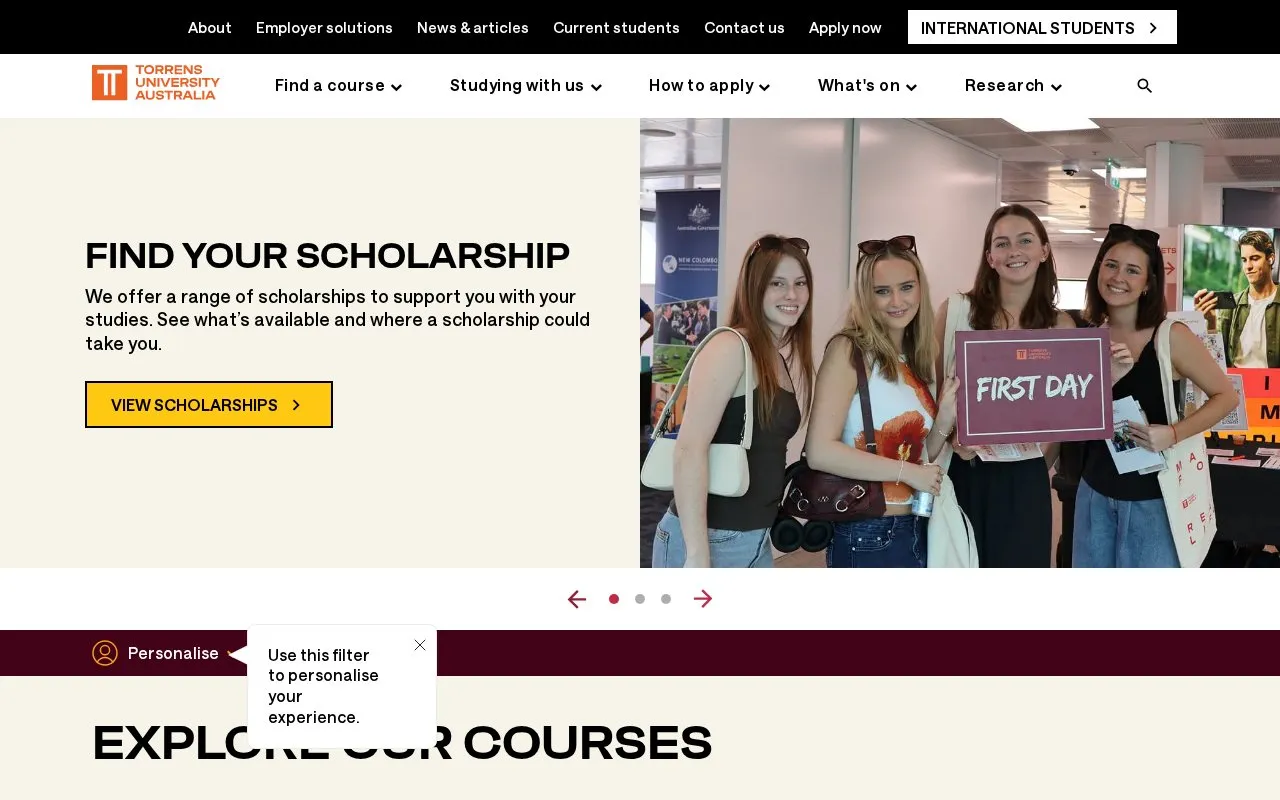 Torrens University Australia homepage screenshot