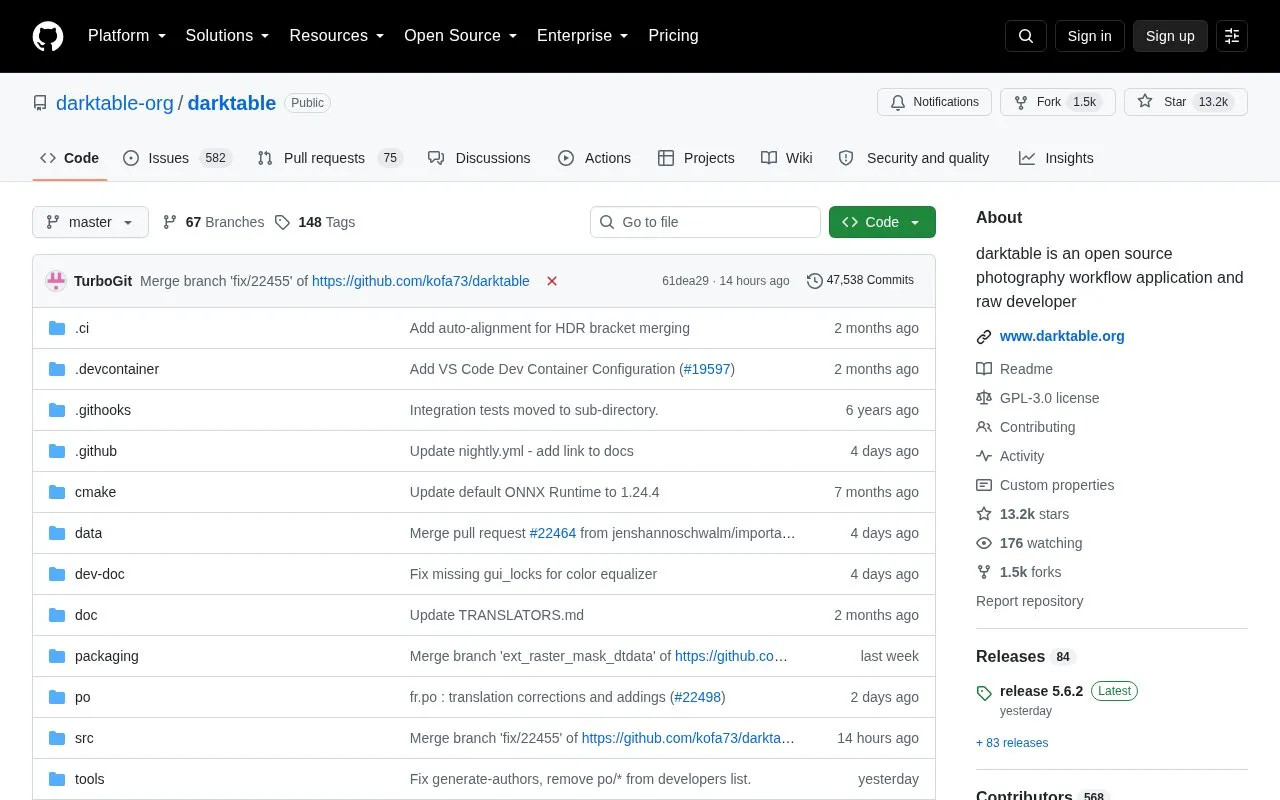 Darktable homepage screenshot