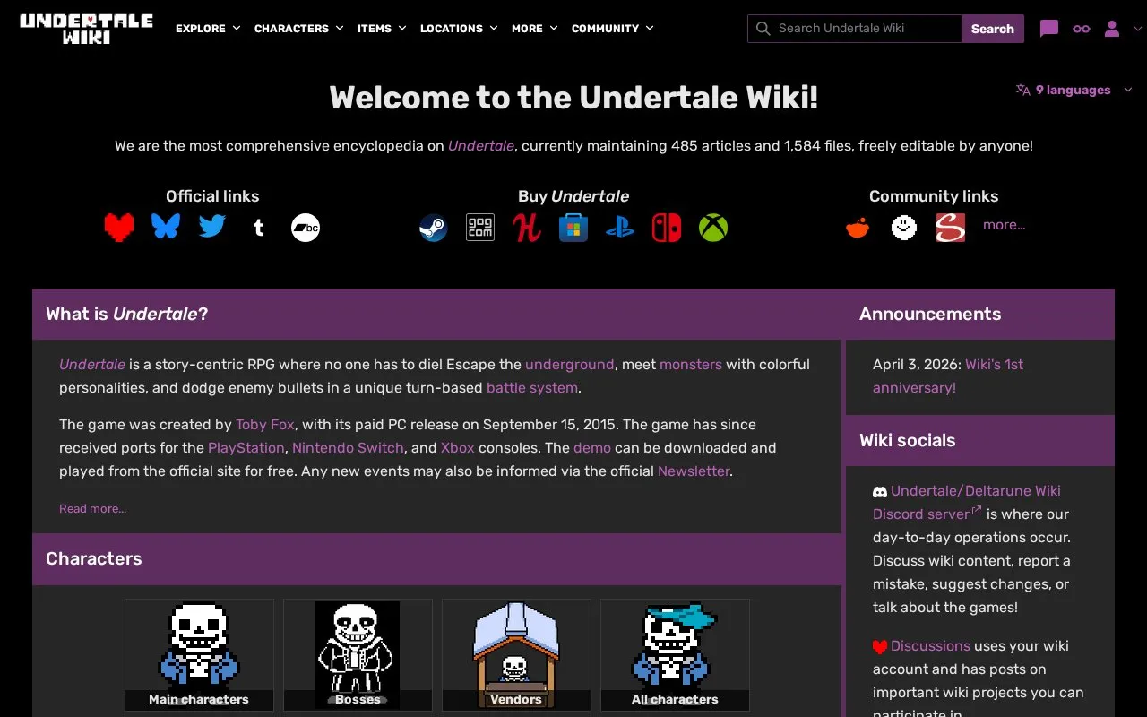 Undertale Wiki homepage screenshot