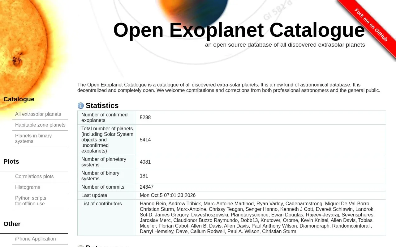 Open Exoplanet Catalogue homepage screenshot