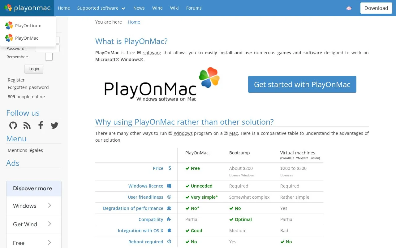 PlayOnMac homepage screenshot