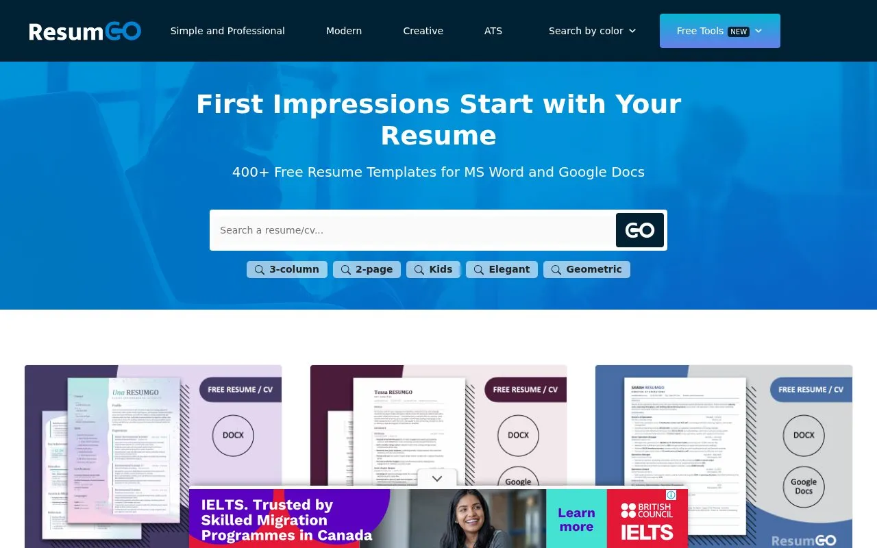 ResumGO homepage screenshot