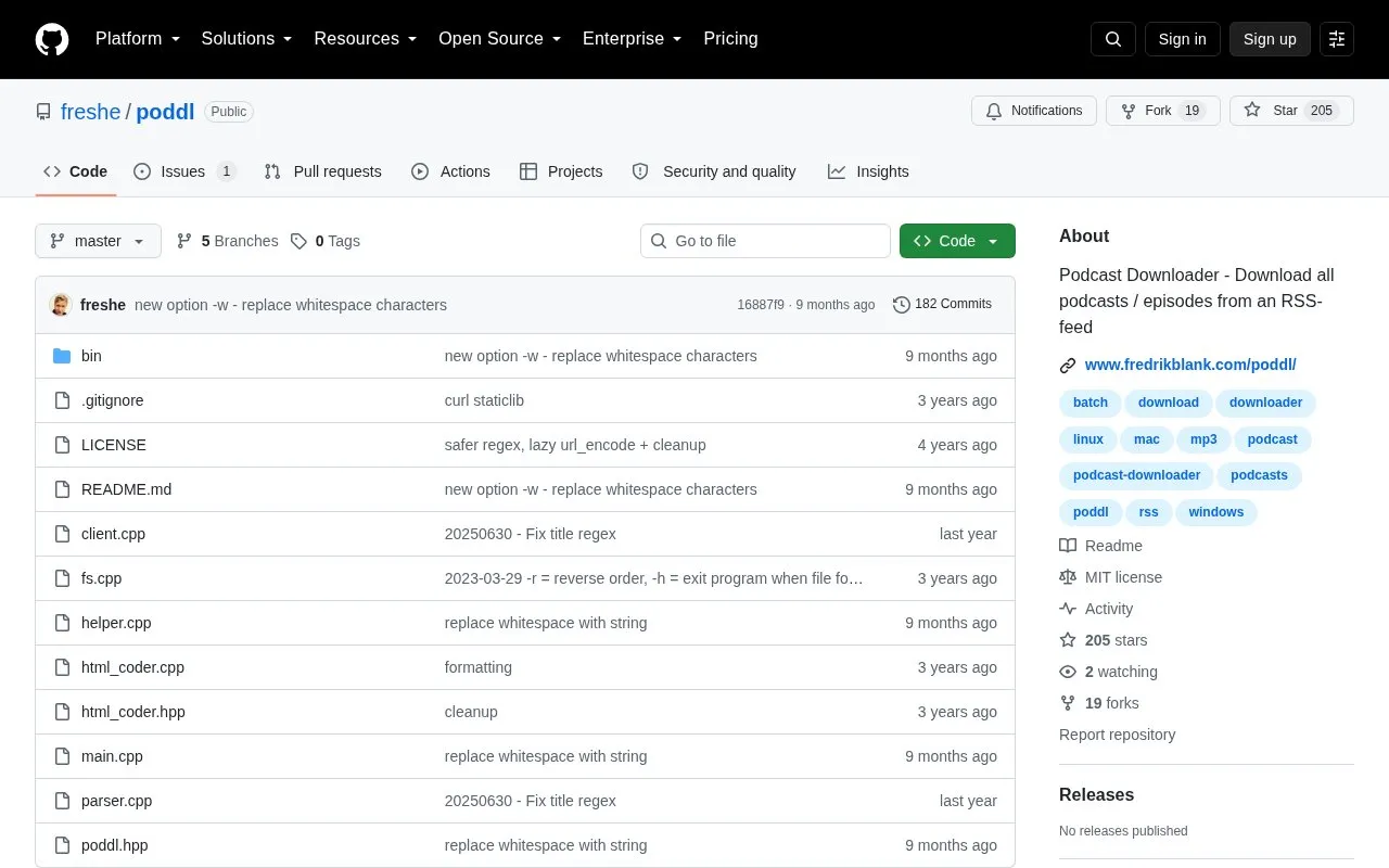 PodDL homepage screenshot