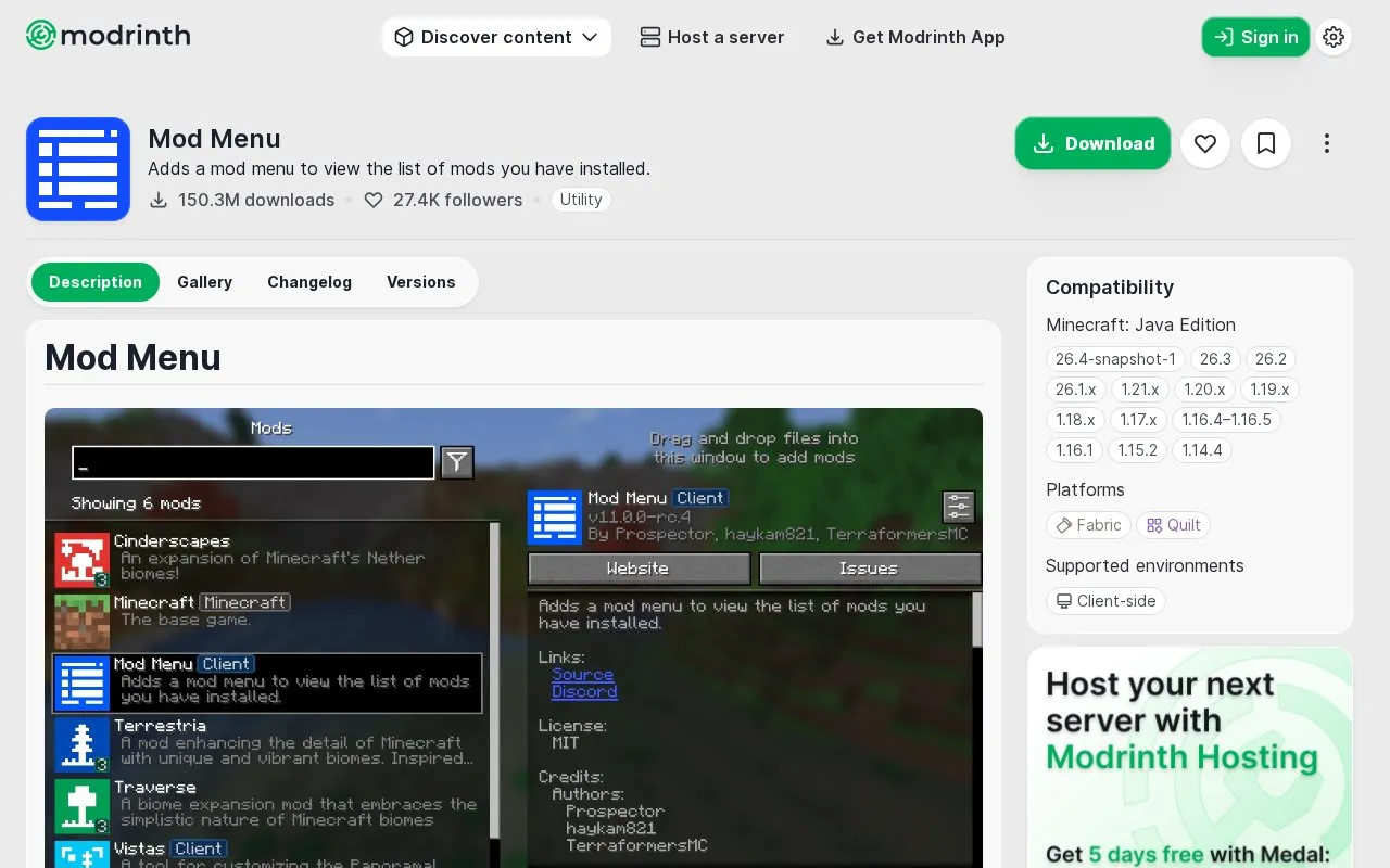 ModMenu homepage screenshot