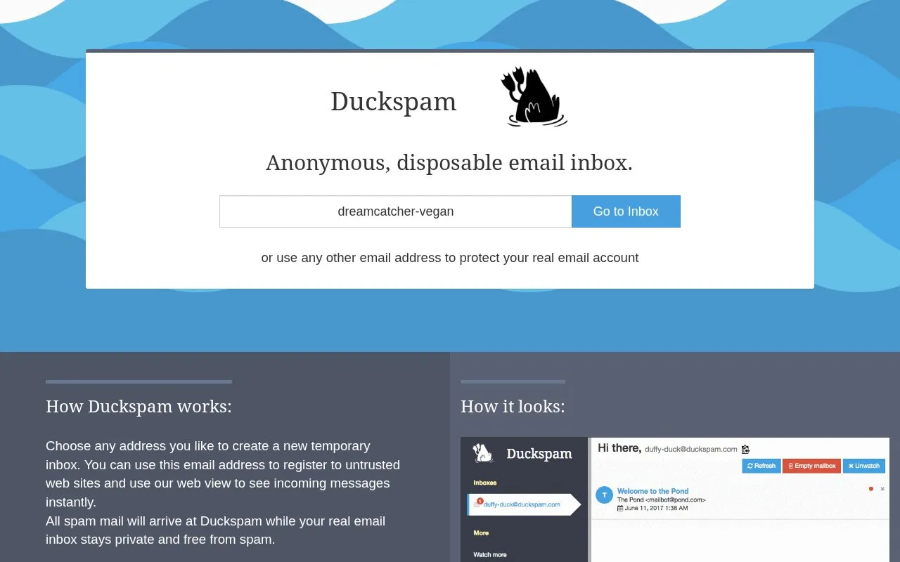 duckspam homepage screenshot