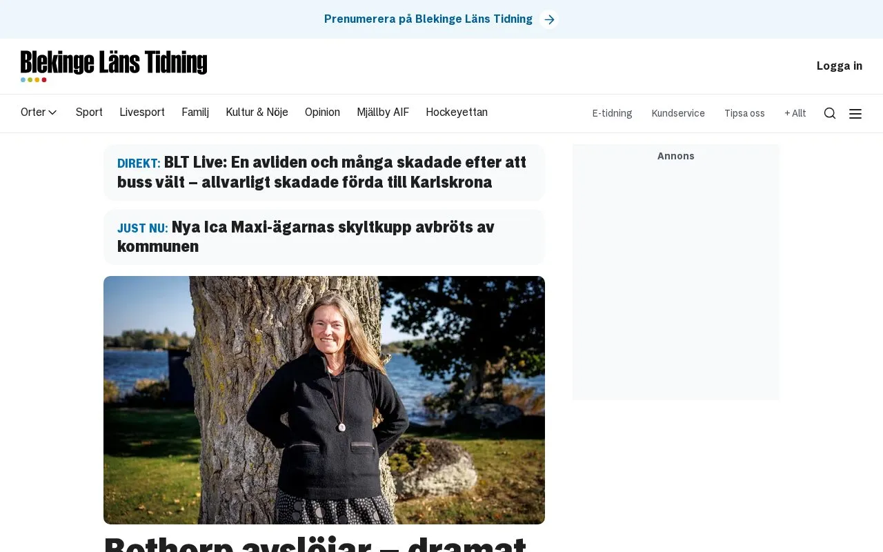 Blekinge Läns Tidning homepage screenshot