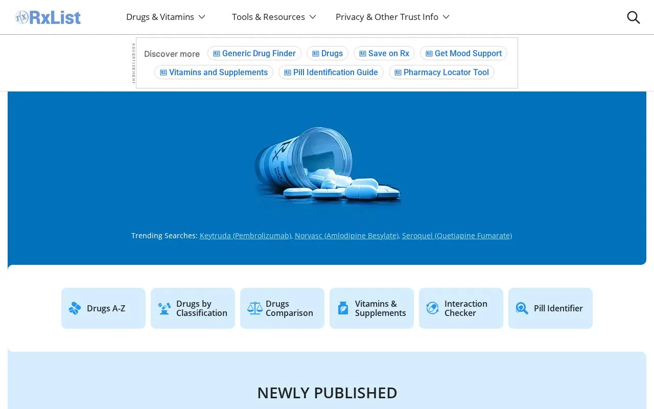 RxList homepage screenshot