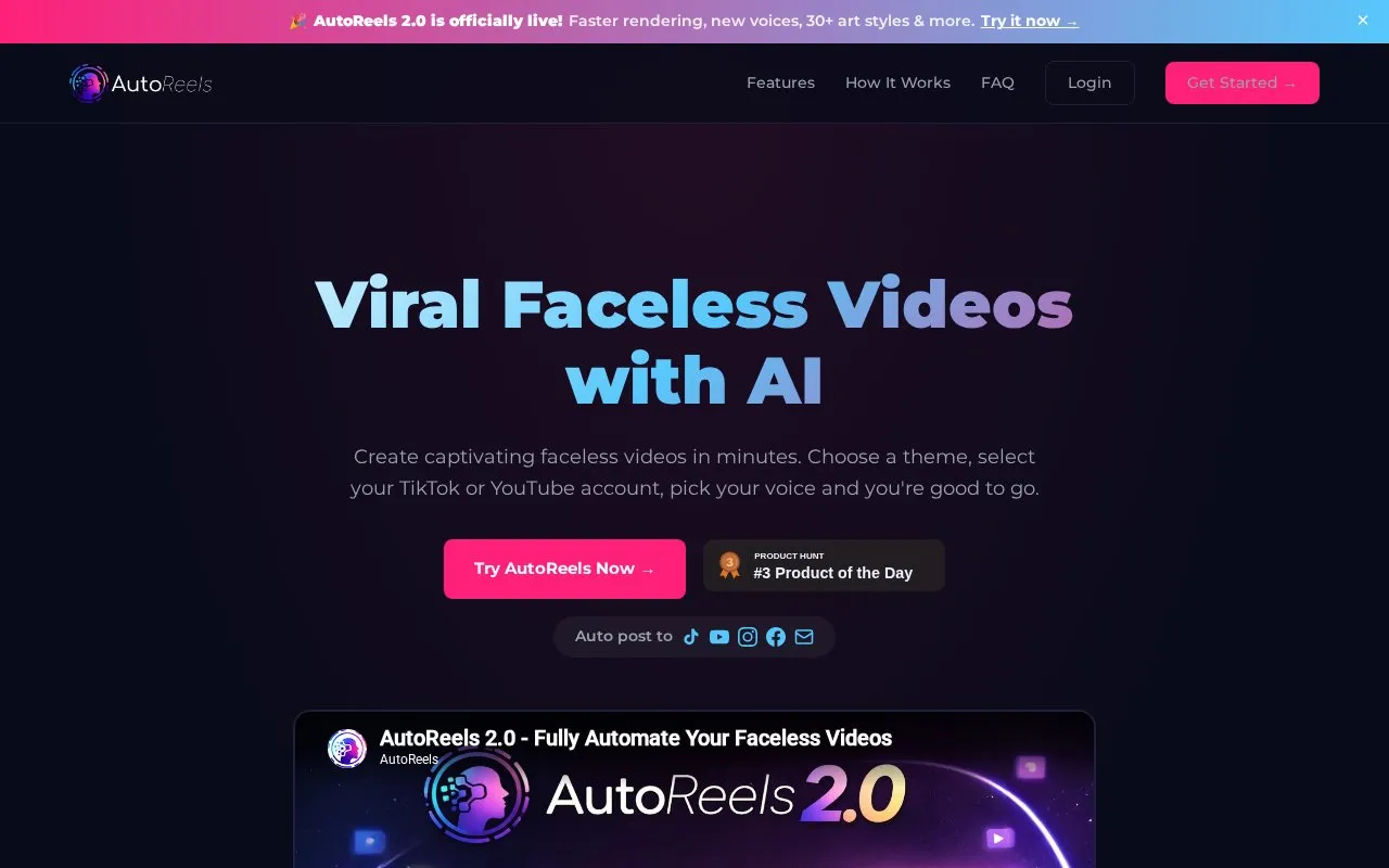 AutoReels homepage screenshot
